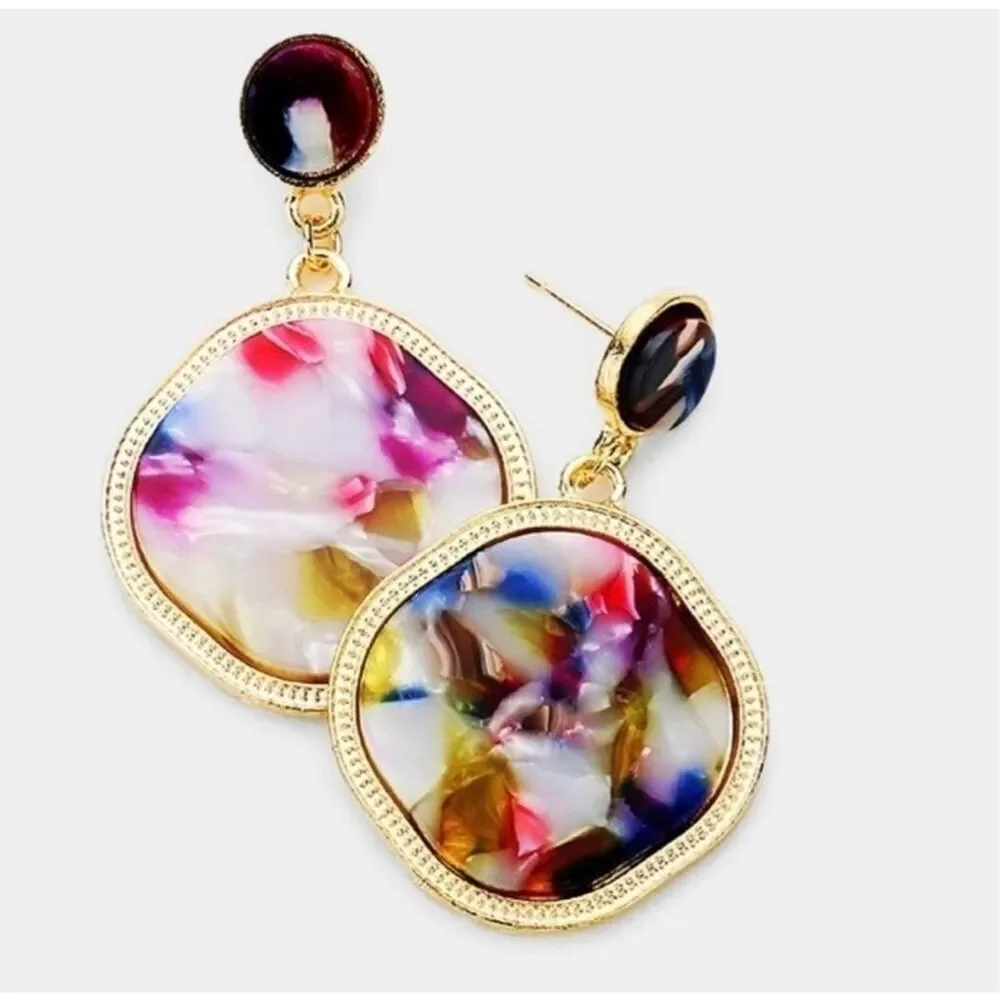 New Womens Watercolor Celluloid Acetate Circular Drop Earrings in Gold